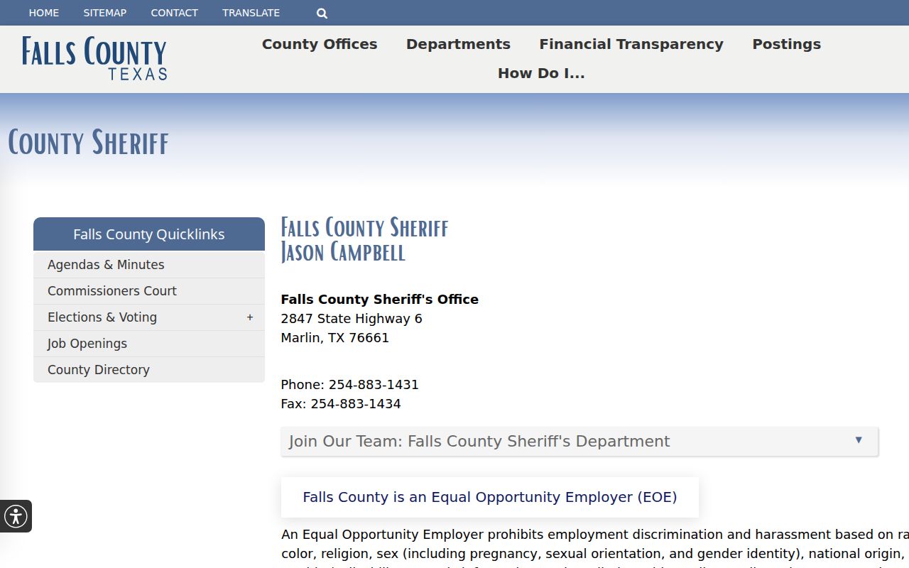 Falls County arrest records and jail contact on the Sheriff's Office page