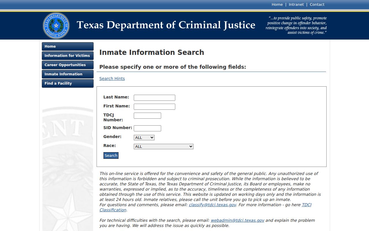 TDCJ inmate search for a Falls County arrest record transfer