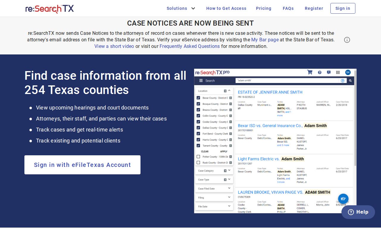 Falls County criminal court case search through re:SearchTX