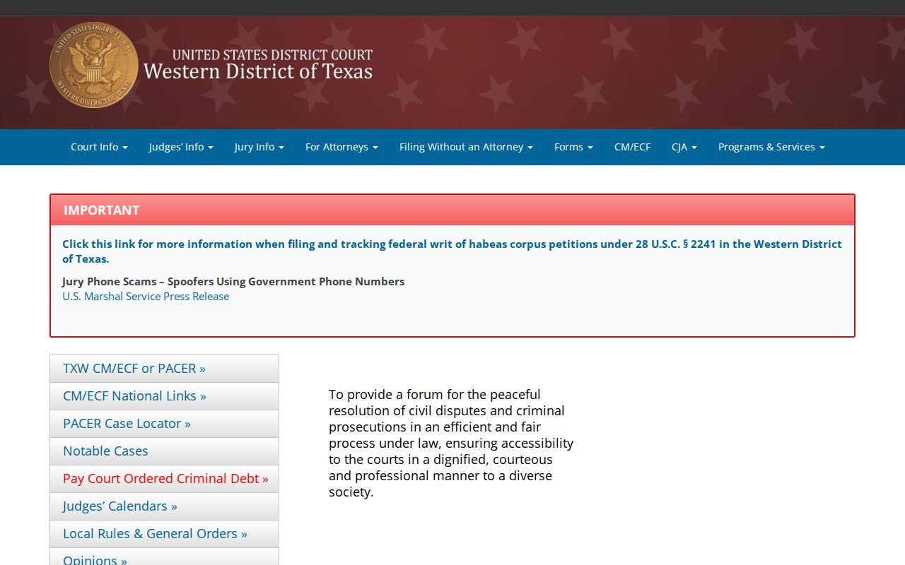 Federal criminal court information for Falls County in the Western District of Texas