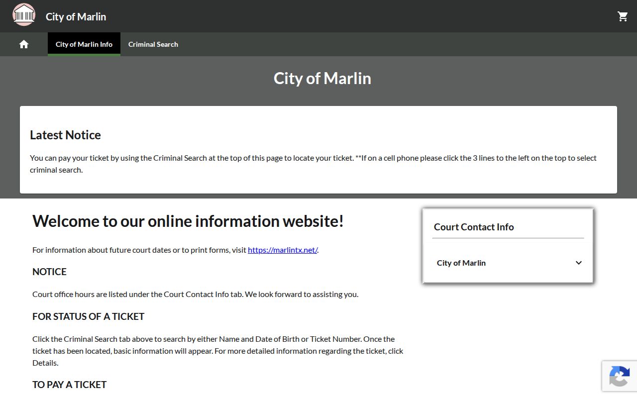 Marlin criminal record access through the authorized GovRec court portal