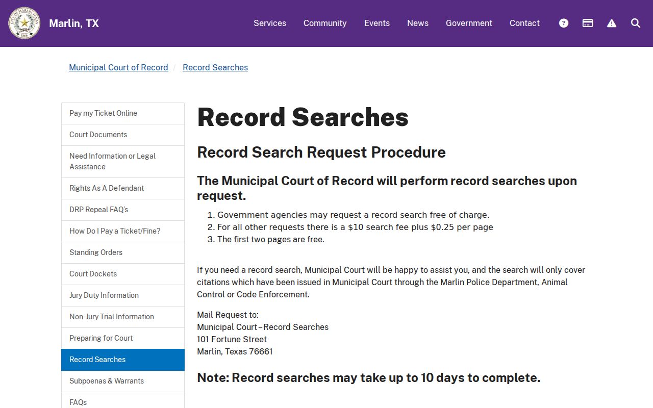 Marlin criminal records and Municipal Court record search instructions
