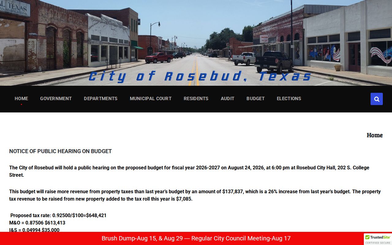 Rosebud criminal records context on the official city homepage