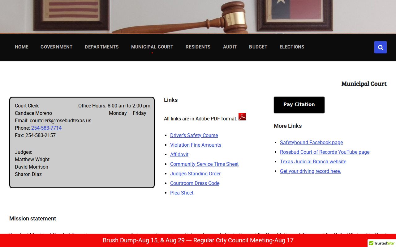 Rosebud criminal records information from the Municipal Court