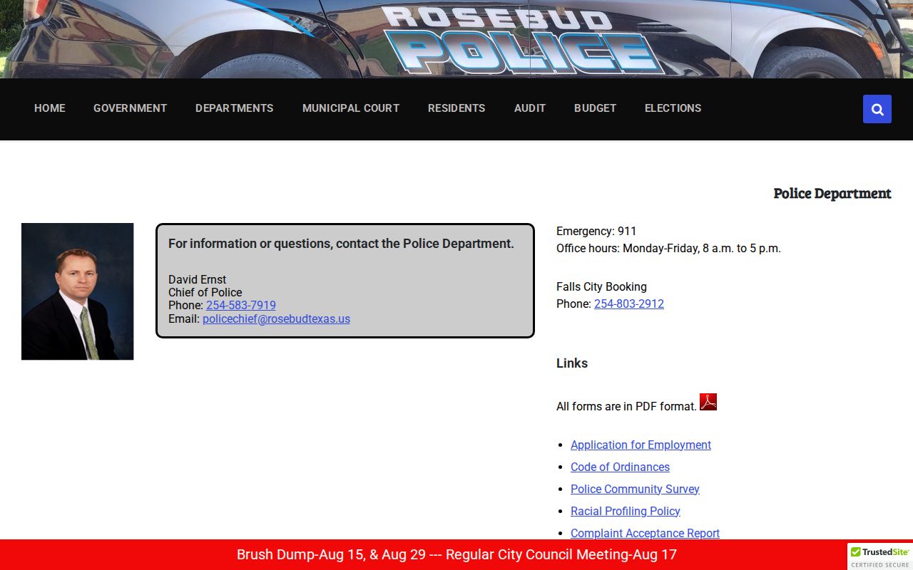 Rosebud criminal records contact at the official Police Department page