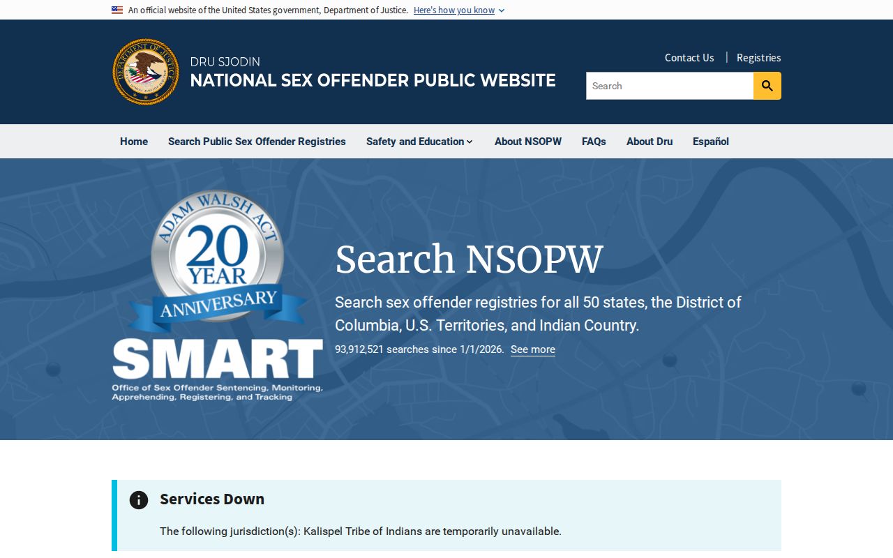 National registry interface for a Falls County sex offender lookup