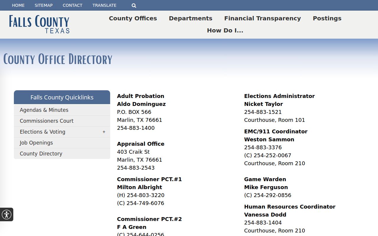Falls County criminal case and justice office directory