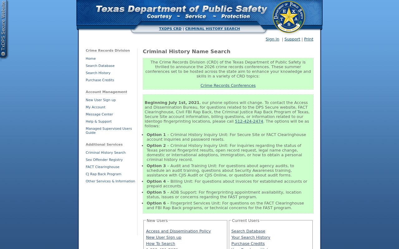 Falls County criminal history access through the Texas DPS conviction search