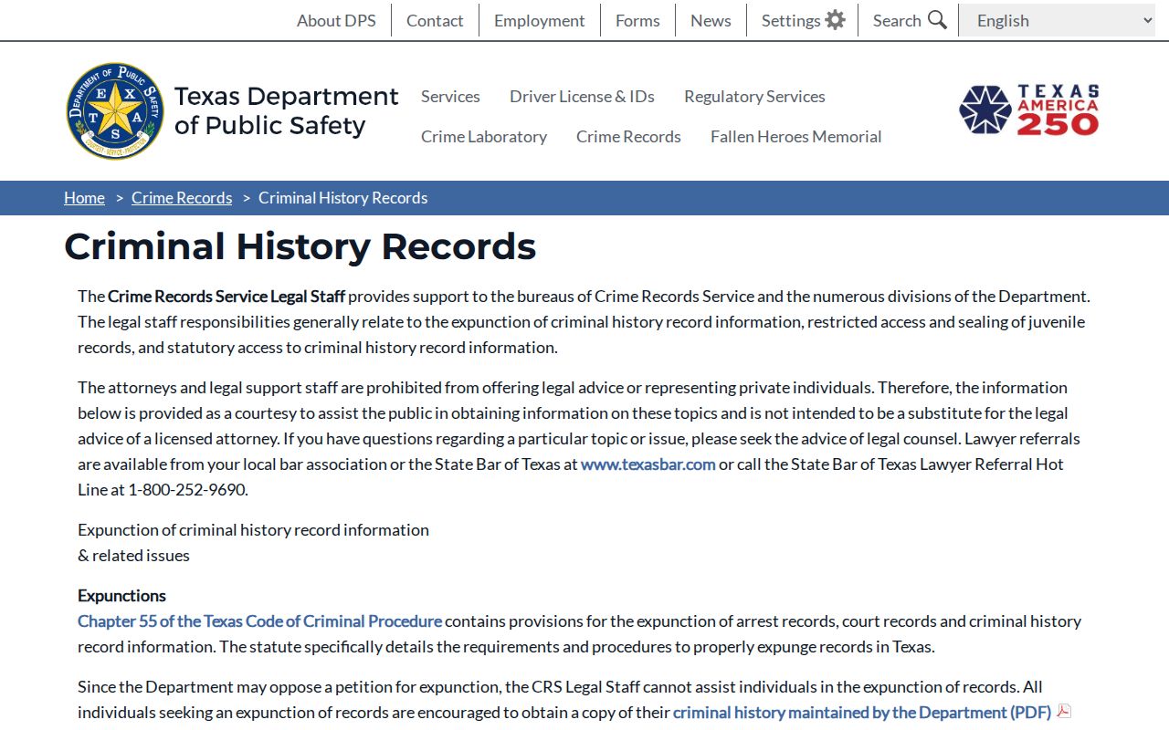 Falls County criminal history correction and personal review information from Texas DPS