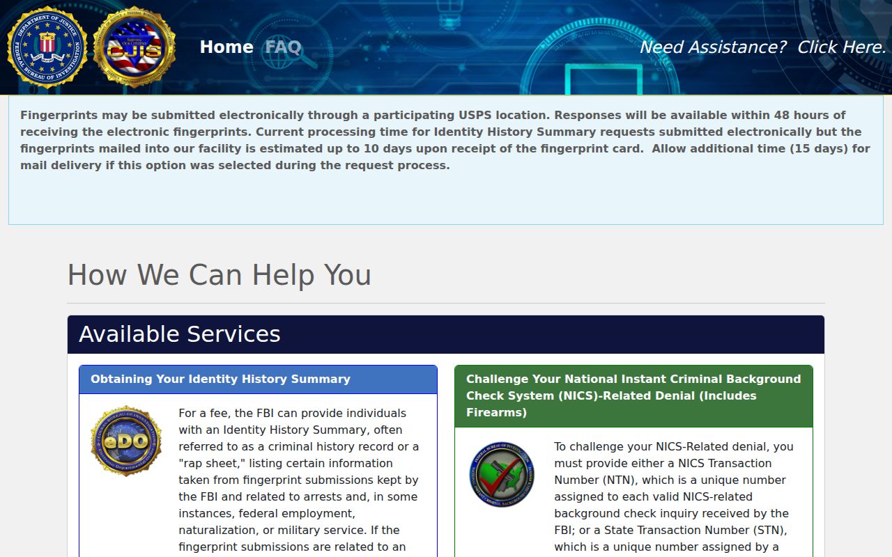 Falls County criminal history personal review through the FBI identity portal